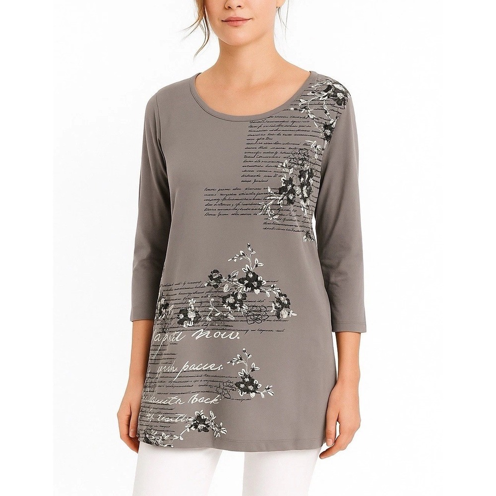 Womens Blouse Top Gray Size 6  EUR 38 Scoop‎ Neck 3/4 Sleeve Casual